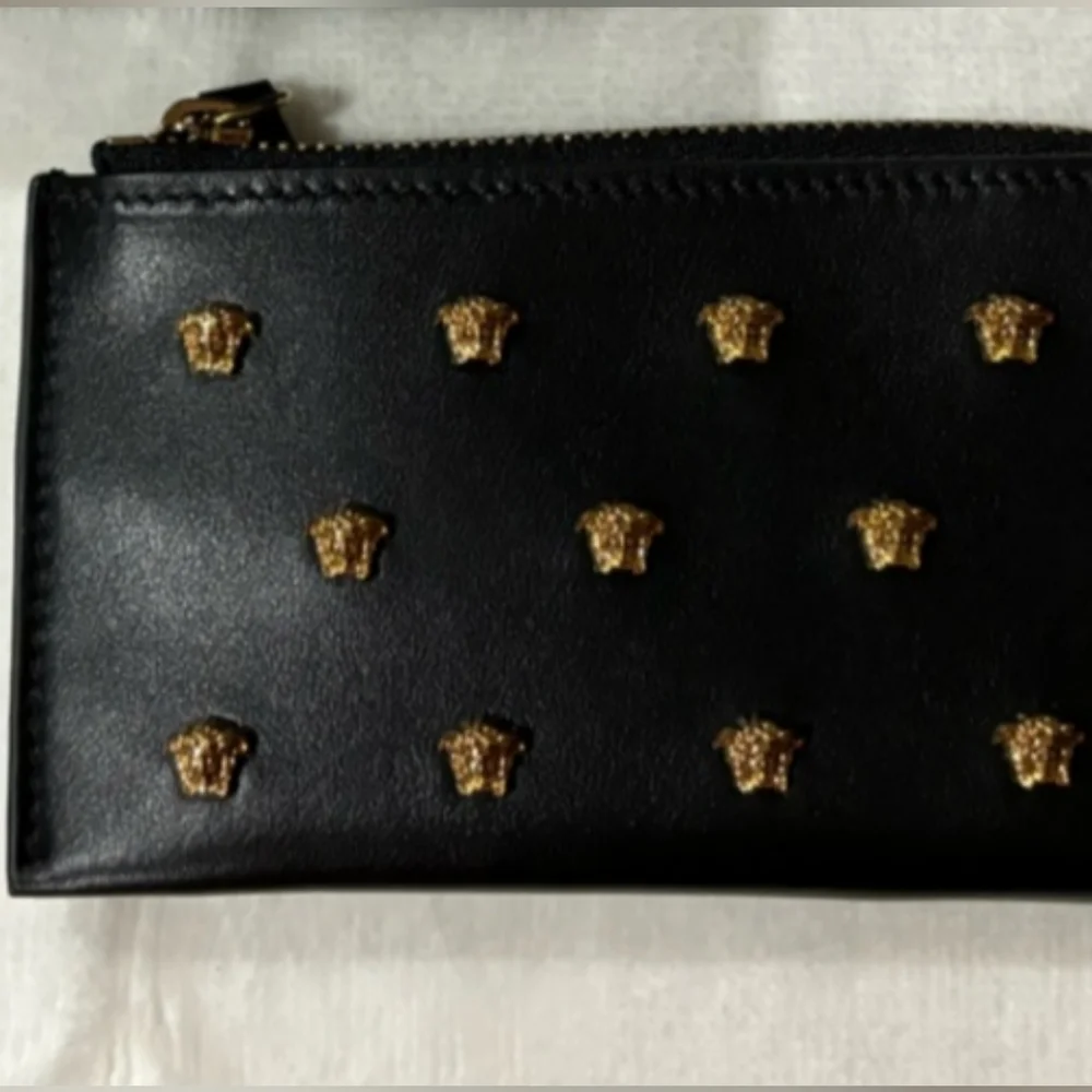 VERSACE Black All Over Medusa Stud Zip Card Holder Wallet
